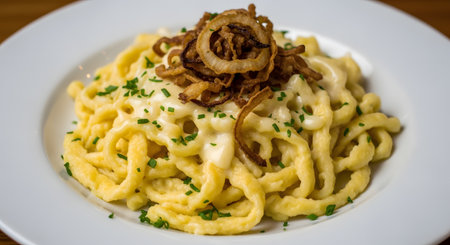 A close-up of a white plate filled with Kasespatzle (German cheese spaetzle), a traditional comfort food. The egg noodles are covered in a creamy cheese sauce and topped with crispy fried onions and fresh chives.の素材