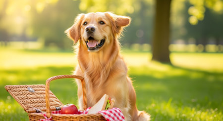 A beautiful, happy golden retriever dog is sitting on the green grass in a sunny park next to an open wicker picnic basket. The dog is looking up with its tongue out, embodying the joy of summer, pets, and outdoor leisure.の素材