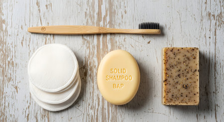 A flat lay, top-down view of zero-waste, eco-friendly bathroom and hygiene products on a rustic white wooden background. The items include a bamboo toothbrush, a solid shampoo bar, a bar of exfoliating soap, and reusable cotton pads.の素材