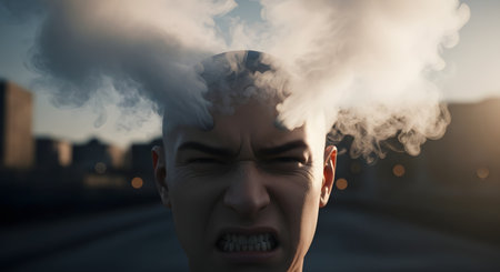 A conceptual image of an extremely angry, bald man gritting his teeth, with smoke or steam billowing from his head. This represents intense anger, rage, stress, frustration, or mental burnout.の素材