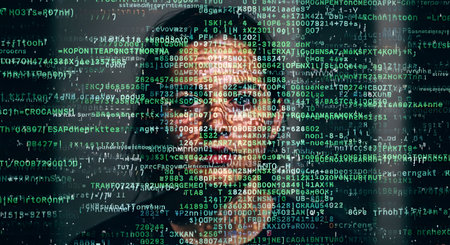 A woman's face is seen through a transparent screen filled with scrolling green computer code. The image represents concepts like artificial intelligence, cybersecurity, hacking, digital identity, data, and technology.の素材