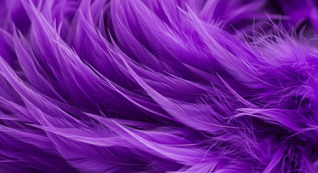 An extreme close-up macro photograph of soft, vibrant purple feathers. The delicate textures and curves of the feathers create a beautiful and abstract background, conveying softness, luxury, or carnival themes.の素材