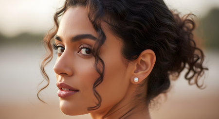A close-up beauty portrait of a stunning young woman with dark, curly hair pulled back, looking over her shoulder at the camera. She wears a simple pearl stud earring, and the soft, warm lighting highlights her flawless skin and natural makeup.の素材
