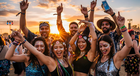 A happy group of diverse young friends with glitter on their faces dance and cheer at an outdoor music festival during a beautiful sunset. They have their hands in the air, smiling and enjoying the event, with stage lights visible in the background.の素材