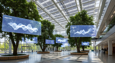 A spacious, modern building lobby or atrium with a high glass ceiling featuring integrated solar panels. Large, mature trees grow indoors, and futuristic holographic screens display data visualizations. The bright, open space combines green architecture, sustainability, and advanced technology.の素材