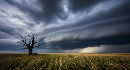 A solitary, leafless tree stands in a vast field of golden grass under a dramatic, dark shelf cloud. An ominous storm is approaching, with rain visible in the distance, creating a sense of impending drama and atmosphere. The contrast between the dark sky and the bright field is striking.の素材