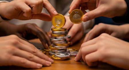A close-up of multiple diverse hands working together to stack gold and silver foil-wrapped chocolate coins (gelt) on a wooden table. The coins, stamped with a menorah, are a tradition for the Jewish holiday of Hanukkah. The image represents tradition, community, and celebration.の素材