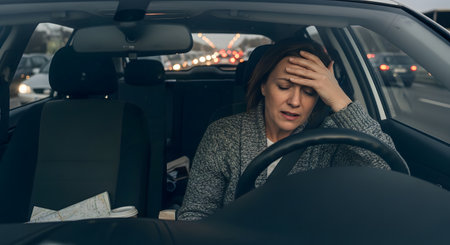 A stressed and frustrated middle-aged woman sits in her car, holding her head in her hand while stuck in a heavy traffic jam. The scene conveys the anxiety, frustration, and exhaustion of a daily commute.の素材