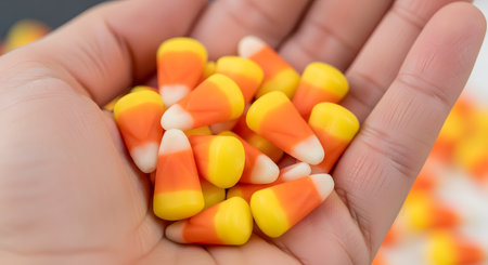 A close-up macro shot of a person's cupped hand holding a small pile of classic Halloween candy corn. The iconic tri-color candies (yellow, orange, and white) are in sharp focus, with more candy corn blurred in the background. The image evokes themes of Halloween, treats, and sugar.の素材