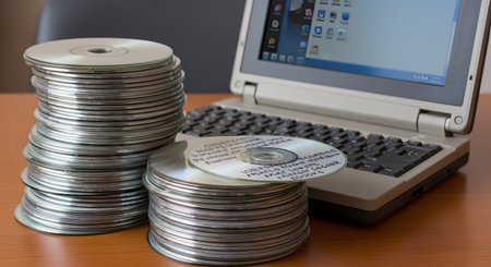 Two large stacks of blank CDs or DVDs sit on a wooden desk next to an open, older model laptop. One disc with handwriting on it rests on the smaller stack, symbolizing data storage, backup, or the concept of obsolete technology. The setup suggests an office or home office environment.の素材