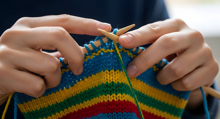 A close-up shot of a person's hands knitting with wooden needles. The colorful yarn forms a striped pattern of blue, yellow, green, and red, demonstrating a handmade craft or hobby.の素材