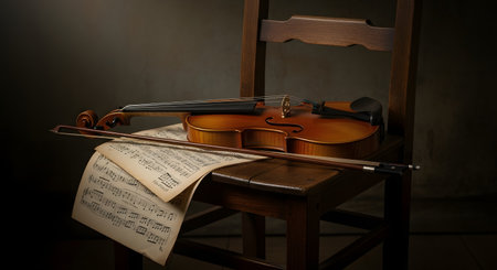A classic still life composition featuring a wooden violin and its bow resting on top of scattered sheet music on the seat of an old wooden chair. The scene is dimly lit, evoking a sense of classical music, practice, and artistry.の素材