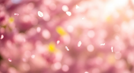 An abstract, dreamy background of soft-focus pink cherry blossoms with a few sharp petals falling through the air. The scene is brightly lit with a warm, sunny glow, creating a beautiful bokeh effect. Perfect for spring or romantic themes.の素材