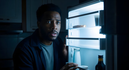 A young Black man with a beard and a look of surprise or guilt on his face is caught looking into an open refrigerator late at night. The bright, cool light from the fridge illuminates his face in the dark kitchen. This image represents a midnight snack, craving, hunger, or breaking a diet.の素材