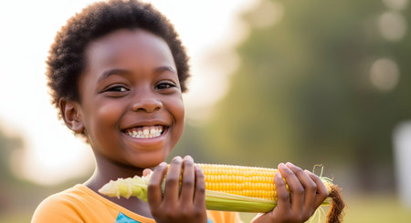 A joyful, young Black boy with a bright, beaming smile looks directly at the camera. He is outdoors in a softly lit, natural setting and is holding a fresh ear of corn with both hands, representing childhood, happiness, and healthy eating.の素材