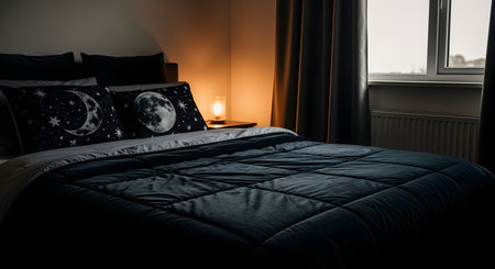 A cozy, dimly lit bedroom with a neatly made bed featuring a dark comforter and pillows with moon and star designs. A warm lamp on the nightstand provides the only light, creating a moody, tranquil, and restful atmosphere.の素材
