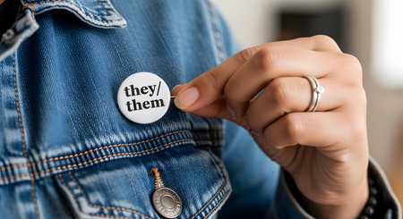 A close-up of a person's hand pinning a white button with the pronouns 'they/them' onto a blue denim jacket. The image highlights gender identity, non-binary identity, inclusivity, and personal expression.の素材