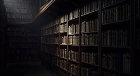 A dimly lit, atmospheric old library or study, with floor-to-ceiling wooden bookshelves packed with antique, leather-bound books. A single light source casts shadows, creating a moody, academic, and historical ambiance.の素材
