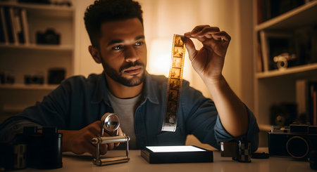 A focused man sits at a desk in a warmly lit room, carefully examining a strip of 35mm film negatives. He holds the film strip up to a small light box and has a magnifying loupe on the table. The scene evokes analog photography, a darkroom, nostalgia, and a passion for film.の素材