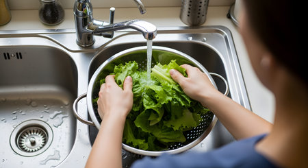 An over-the-shoulder shot of a woman washing fresh green lettuce in a stainless steel colander. The colander is in a double-basin kitchen sink with water running from the faucet. This represents healthy eating, food preparation, and hygiene.の素材