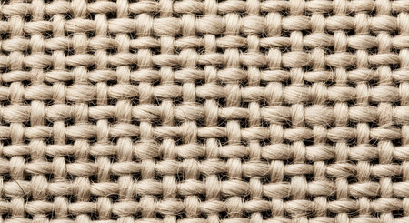 An extreme close-up, macro photograph showing the detailed texture of a woven fabric. The thick, beige-colored threads, possibly burlap, linen, or canvas, are interlaced in a basket weave pattern, creating a rough, natural background.の素材