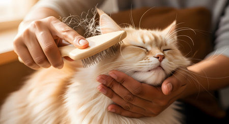A person's hands are gently brushing a long-haired, cream-colored cat, which has its eyes closed in pleasure. The brush is full of loose fur, showing the process of grooming and dealing with pet shedding.の素材