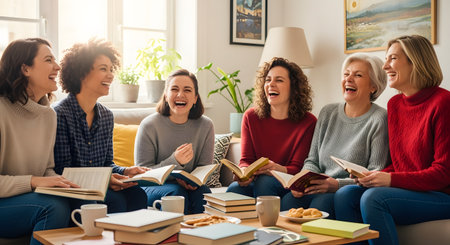 A diverse group of six women sitting on a couch in a cozy living room, laughing together during a book club meeting. They are holding open books, with more books and snacks on the coffee table in front of them.の素材
