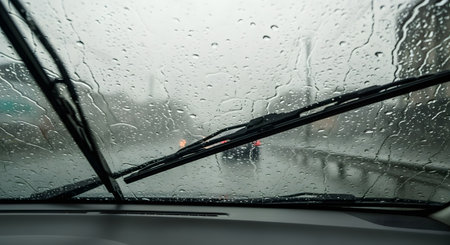 The view from inside a car's dashboard, looking through a windshield covered in raindrops during a heavy rainstorm. The windshield wipers are in motion, and the blurry outline of another car is visible ahead, conveying a moody and focused driving experience.の素材