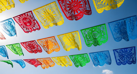 Strings of colorful Mexican 'papel picado' (perforated paper) banners are strung against a bright blue sky with a few clouds. The vibrant red, yellow, green, and blue flags, featuring sun and floral designs, flutter in the wind, evoking a fiesta or celebration.の素材