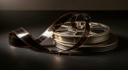 A vintage metal reel of 8mm or 16mm movie film sits on a dark surface. The celluloid filmstrip is unspooled and tangled around the reel, evoking nostalgia for classic cinema, filmmaking, and old memories.の素材