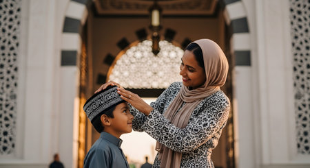 A smiling Muslim mother wearing a hijab gently adjusts her young son's kufi cap. They are standing outside a building with Islamic architecture, likely a mosque, sharing a tender moment.の素材