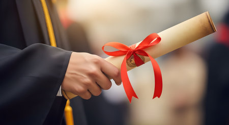 A close-up of a graduate's hand in a black academic gown, holding a rolled-up diploma scroll. The diploma is tied with a red ribbon and seal, with the background blurred, signifying achievement on graduation day.の素材