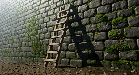 A rustic wooden ladder leans against a tall, imposing stone block wall, which has patches of green moss growing on it. The scene suggests overcoming an obstacle, progress, or an escape, casting a strong shadow on the wall.の素材