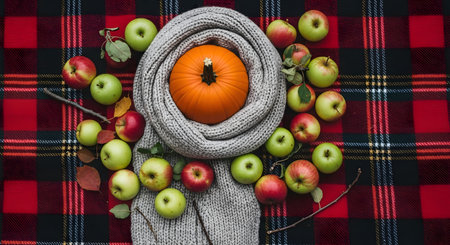 An autumn-themed flat lay composition featuring a small orange pumpkin nestled inside a cozy gray knit scarf. This central arrangement sits on a red and black plaid blanket and is surrounded by fresh red and green apples, evoking a warm, fall atmosphere.の素材
