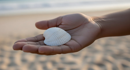 A close-up of a person's open palm holding a single white seashell, possibly a cockle shell. The background is a beautifully blurred sandy beach and ocean at sunset, evoking feelings of peace, vacation, and nature.の素材