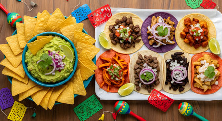 A vibrant overhead shot of a Mexican food feast on a wooden table. The spread includes a large bowl of guacamole with nacho chips, a platter of assorted street tacos, and colorful 'papel picado' decorations.の素材