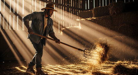 A male farmer in a straw hat works with a pitchfork in a rustic wooden barn, tossing hay into the air. Dramatic shafts of sunlight stream through the walls, illuminating the dusty atmosphere and highlighting his hard work. The scene conveys agriculture, manual labor, and rural life.の素材