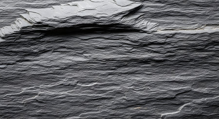 A close-up, macro shot of a dark gray or black slate stone surface. The image highlights the natural, rough, and layered texture of the rock. This can be used as a background or for concepts related to geology, construction materials, or nature.の素材
