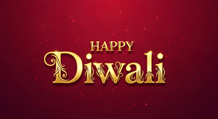 A greeting card or banner with the text 'Happy Diwali' written in elegant, ornamental gold font. The text is set against a rich, sparkling red gradient background, symbolizing the Hindu festival of lights.の素材
