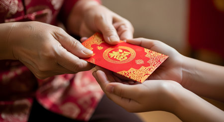 A close-up of an elderly person's hands giving a traditional red envelope, or 'hongbao', to a younger person's hands. The red packet is decorated with gold, including the Chinese character for 'good fortune' (Fu). This tradition is part of the Chinese New Year celebration, symbolizing luck and prosperity.の素材