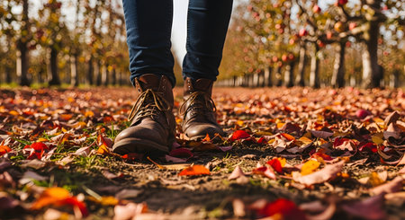 A low-angle shot shows a person wearing brown leather boots and blue jeans walking on a path covered in colorful red and orange autumn leaves. The background is a blurred orchard with trees, evoking a crisp fall day.の素材