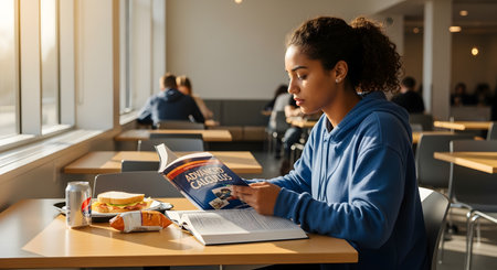 A focused young female student with curly hair sits at a table in a bright cafeteria or library, studying from an 'Advanced Calculus' textbook. She has a sandwich, a can of soda, and a bag of chips on the table, balancing study and lunch.の素材