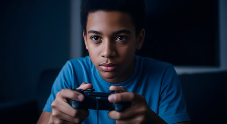 A young Black teenage boy is shown in a dark room, his face illuminated by a screen, holding a video game controller. He has a focused and intense expression as he looks directly at the camera while playing the game.の素材