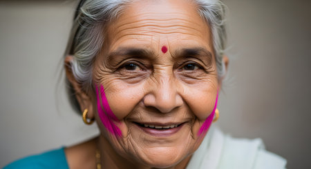 A close-up portrait of a happy, smiling elderly Indian woman with grey hair and a bindi. She has pink Holi festival color powder (gulal) on her cheek, looking warmly at the camera.の素材