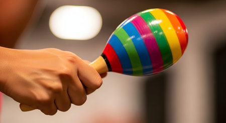 A close-up of a hand holding a colorful, rainbow-striped wooden maraca. The background is blurred, focusing on the musical instrument being held.の素材