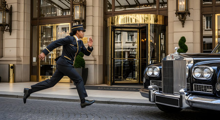 A female doorman in a sharp, dark uniform is captured in mid-stride, running to open the door of a classic black luxury car (like a Rolls Royce). She is in front of the grand, gold-trimmed entrance of a luxury hotel, demonstrating high-end service.の素材