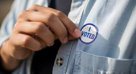 A close-up shot of a person's hand placing a round 'I Voted' sticker on the pocket of a light blue denim shirt. This image represents civic duty, democracy, and participating in an American election.の素材