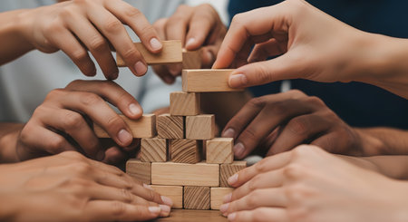 Multiple diverse hands collaborate to build a pyramid structure from wooden blocks on a table. This image represents teamwork, cooperation, business strategy, and building a foundation for success.の素材