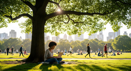 A young woman sits in the shade of a large tree in a busy city park, focused on her laptop. The sun shines brightly, and a city skyline is visible in the background, with many people enjoying the park. The scene represents remote work, urban nature, and a balanced lifestyle.の素材