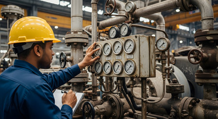 An industrial engineer or factory worker, wearing a yellow hard hat, inspects and adjusts pressure gauges on complex machinery. He holds a clipboard, performing maintenance or a quality check in a large plant.の素材